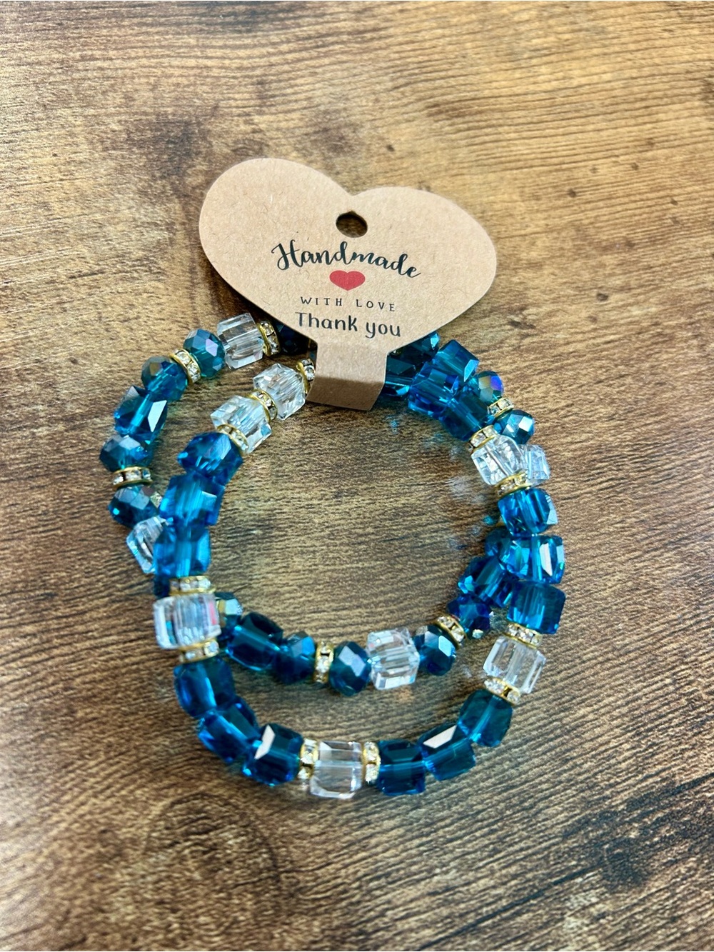 Handmade Blue Crystal Stretch Bracelet Set with Gold Accents